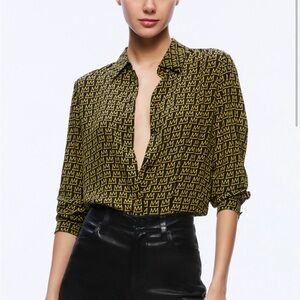 Alice + Olivia Yellow and Black Monogram Button-Up Blouse